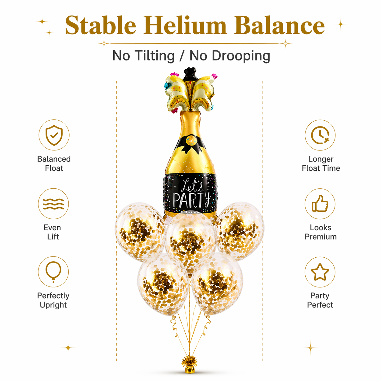 Let’s Party Champagne Glass Helium Balloon Set of 6 (1 Supershape Champagne + 5 Gold Confetti Balloons) | Pre-Inflated & Delivered | Celebration Decoration