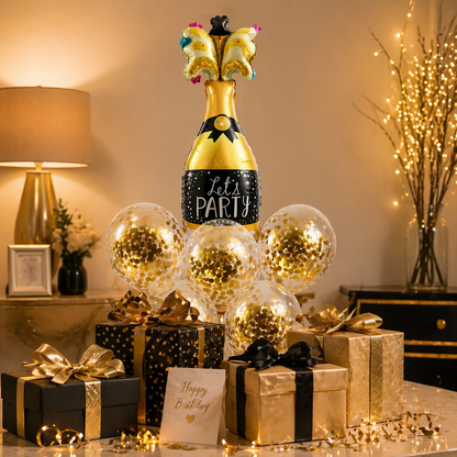 Let’s Party” Champagne Glass Foil Balloon Set of 6 for Celebration Decoration | 1 Supershape Champagne Balloon + 5 Gold Confetti Balloons |