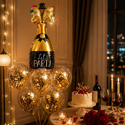 Let’s Party” Champagne Glass Foil Balloon Set of 6 for Celebration Decoration | 1 Supershape Champagne Balloon + 5 Gold Confetti Balloons |