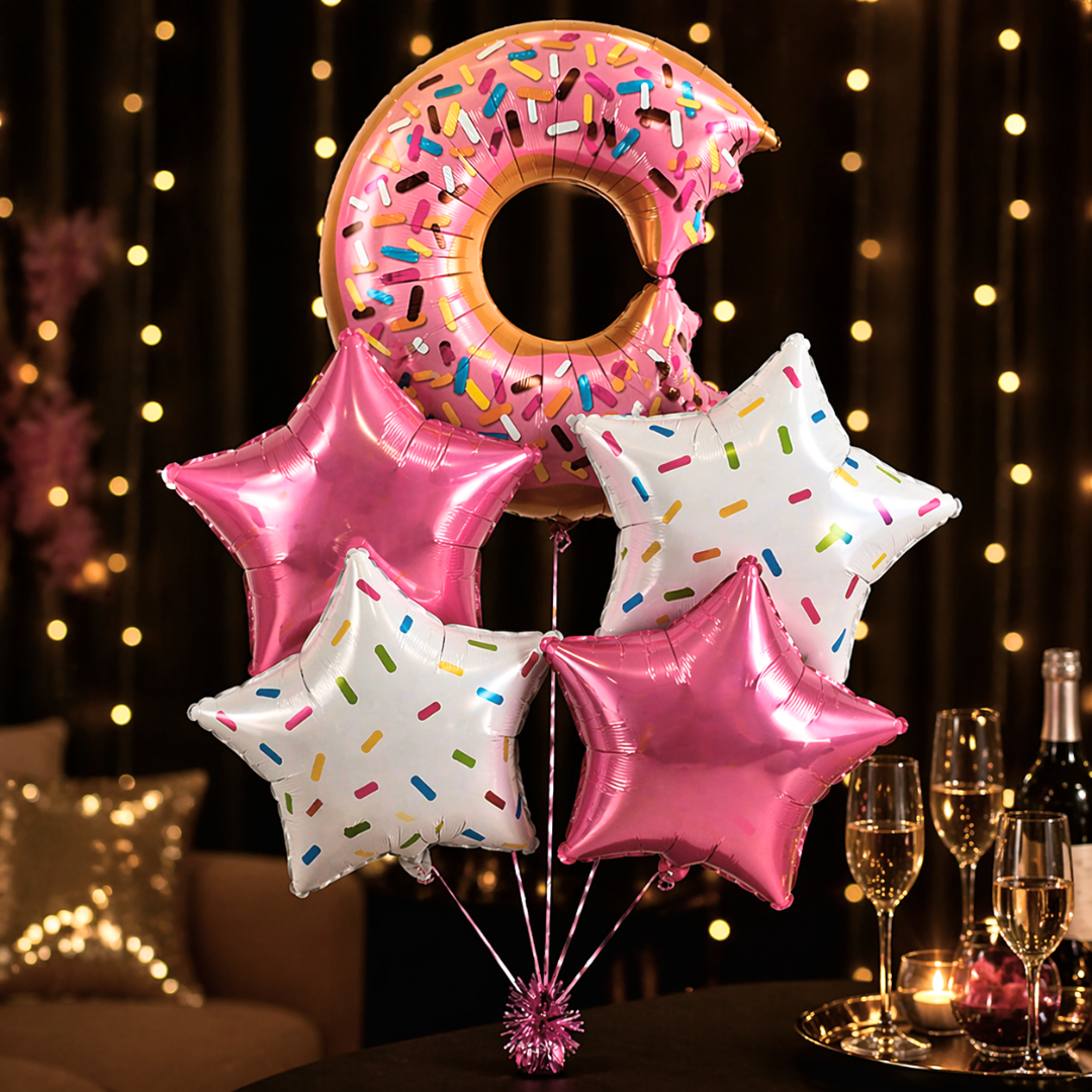 Donut Theme Foil Balloon Set of 5 for Birthday Decoration | Donut Balloon with 2 Sprinkled Star Balloons & 2 Pink Star Balloons