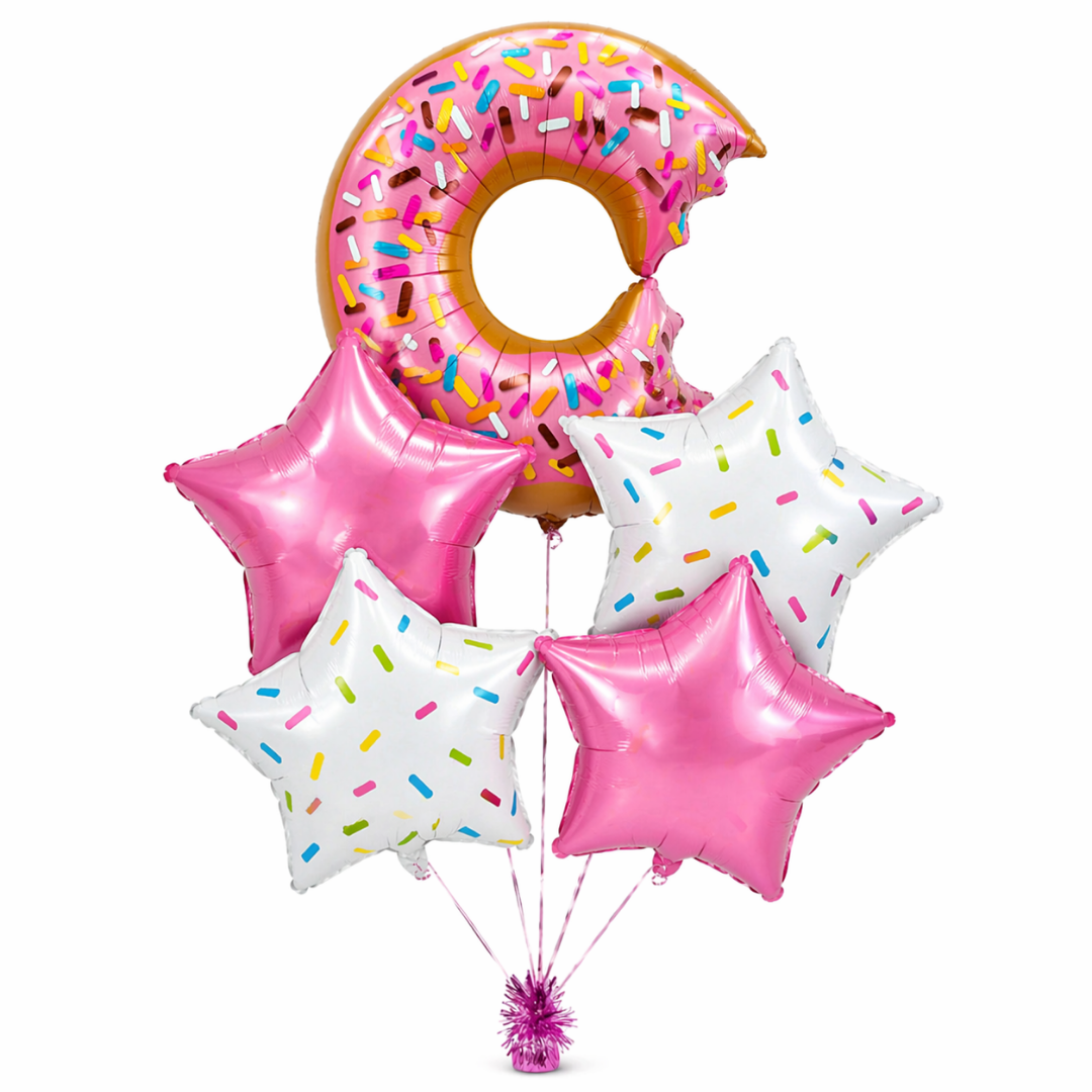 Donut Theme Helium Balloon Set of 5 (Donut Balloon + 2 Sprinkled Star + 2 Pink Star Balloons) | Pre-Inflated & Delivered | Kids Birthday Decoration