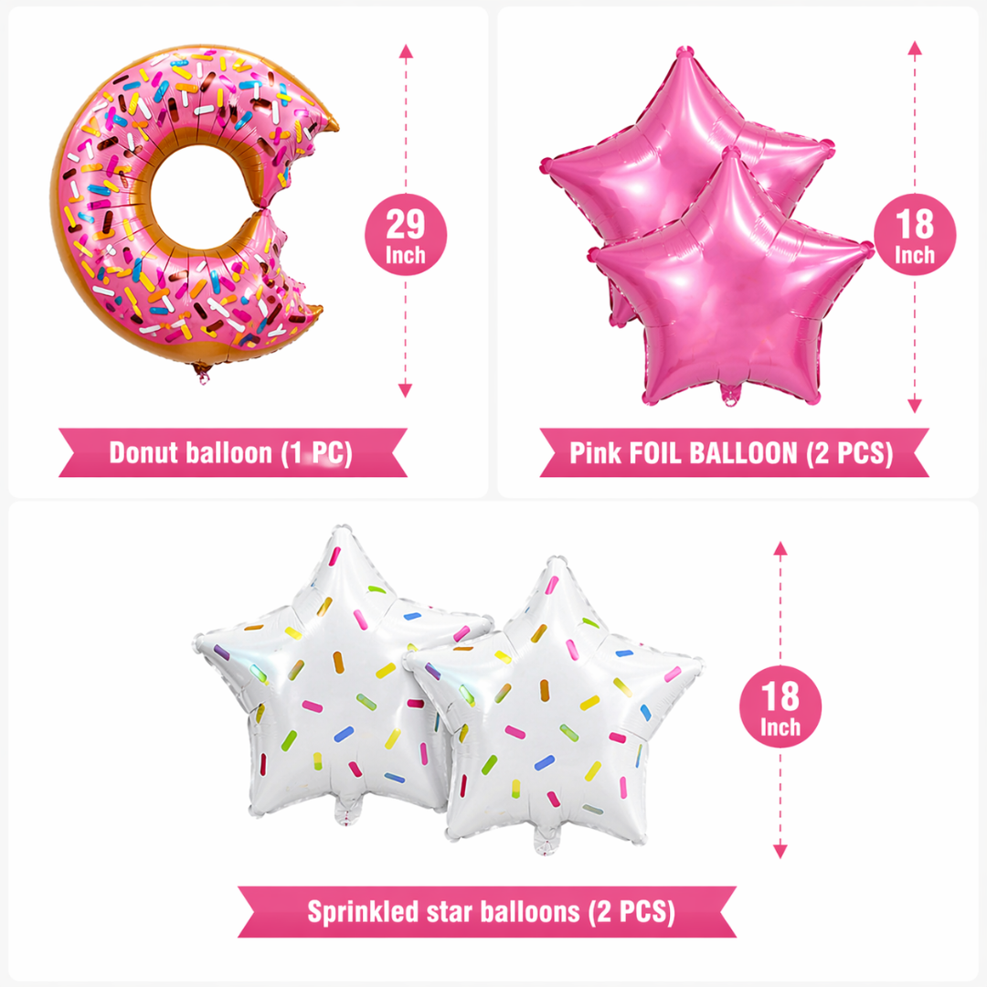 Donut Theme Foil Balloon Set of 5 for Birthday Decoration | Donut Balloon with 2 Sprinkled Star Balloons & 2 Pink Star Balloons