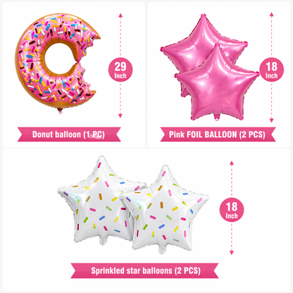 Donut Theme Foil Balloon Set of 5 for Birthday Decoration | Donut Balloon with 2 Sprinkled Star Balloons & 2 Pink Star Balloons