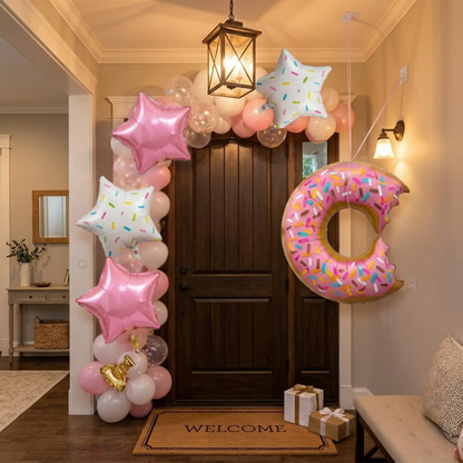 Donut Theme Helium Balloon Set of 5 (Donut Balloon + 2 Sprinkled Star + 2 Pink Star Balloons) | Pre-Inflated & Delivered | Kids Birthday Decoration