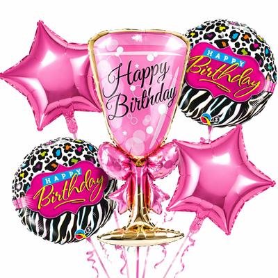 Pink Champagne Glass Foil Balloon Set of 5 for Birthday Decoration | 1 Supershape Champagne Glass + 2 Pink Happy Birthday Balloons + 2 Pink Star Balloons