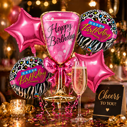 Pink Champagne Glass Helium Balloon Set of 5 (Supershape Champagne Glass + 2 Pink Happy Birthday + 2 Pink Star Balloons) | Pre-Inflated & Delivered | Birthday Decoration