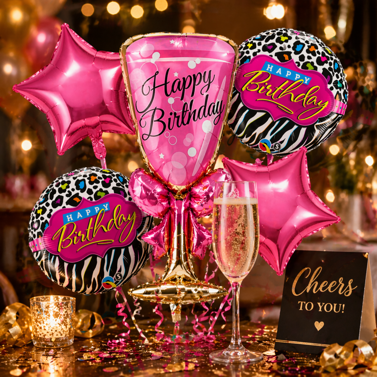 Pink Champagne Glass Foil Balloon Set of 5 for Birthday Decoration | 1 Supershape Champagne Glass + 2 Pink Happy Birthday Balloons + 2 Pink Star Balloons