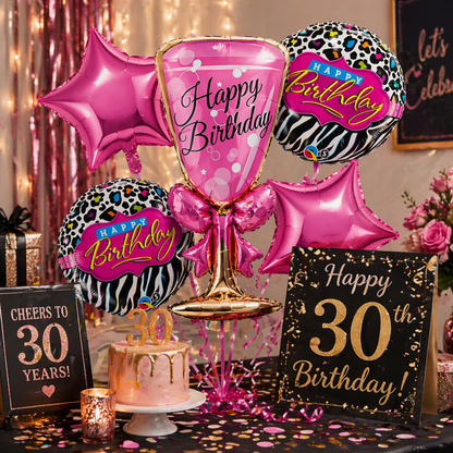 Pink Champagne Glass Helium Balloon Set of 5 (Supershape Champagne Glass + 2 Pink Happy Birthday + 2 Pink Star Balloons) | Pre-Inflated & Delivered | Birthday Decoration