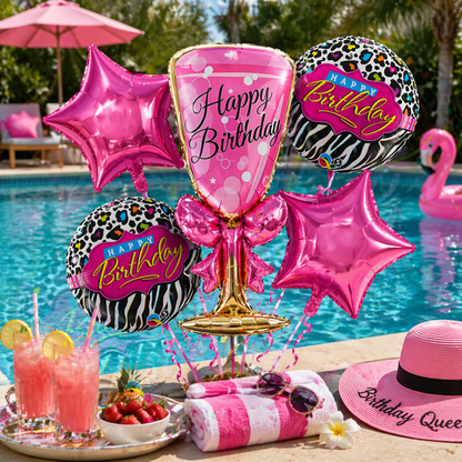 Pink Champagne Glass Foil Balloon Set of 5 for Birthday Decoration | 1 Supershape Champagne Glass + 2 Pink Happy Birthday Balloons + 2 Pink Star Balloons