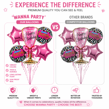 Pink Champagne Glass Helium Balloon Set of 5 (Supershape Champagne Glass + 2 Pink Happy Birthday + 2 Pink Star Balloons) | Pre-Inflated & Delivered | Birthday Decoration
