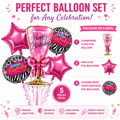Pink Champagne Glass Foil Balloon Set of 5 for Birthday Decoration | 1 Supershape Champagne Glass + 2 Pink Happy Birthday Balloons + 2 Pink Star Balloons