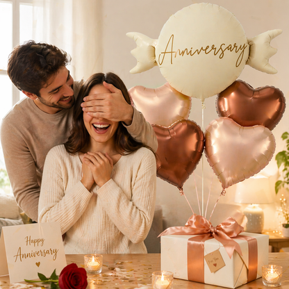 Happy Anniversary Candy Shape Foil Balloon Set of 5 for Celebration Decoration | Candy Balloon with 2 Copper Heart Balloons & 2 Caramel Nude Heart Balloons