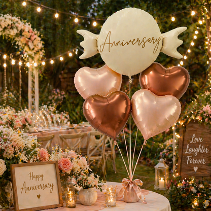 Happy Anniversary Candy Shape Foil Balloon Set of 5 for Celebration Decoration | Candy Balloon with 2 Copper Heart Balloons & 2 Caramel Nude Heart Balloons