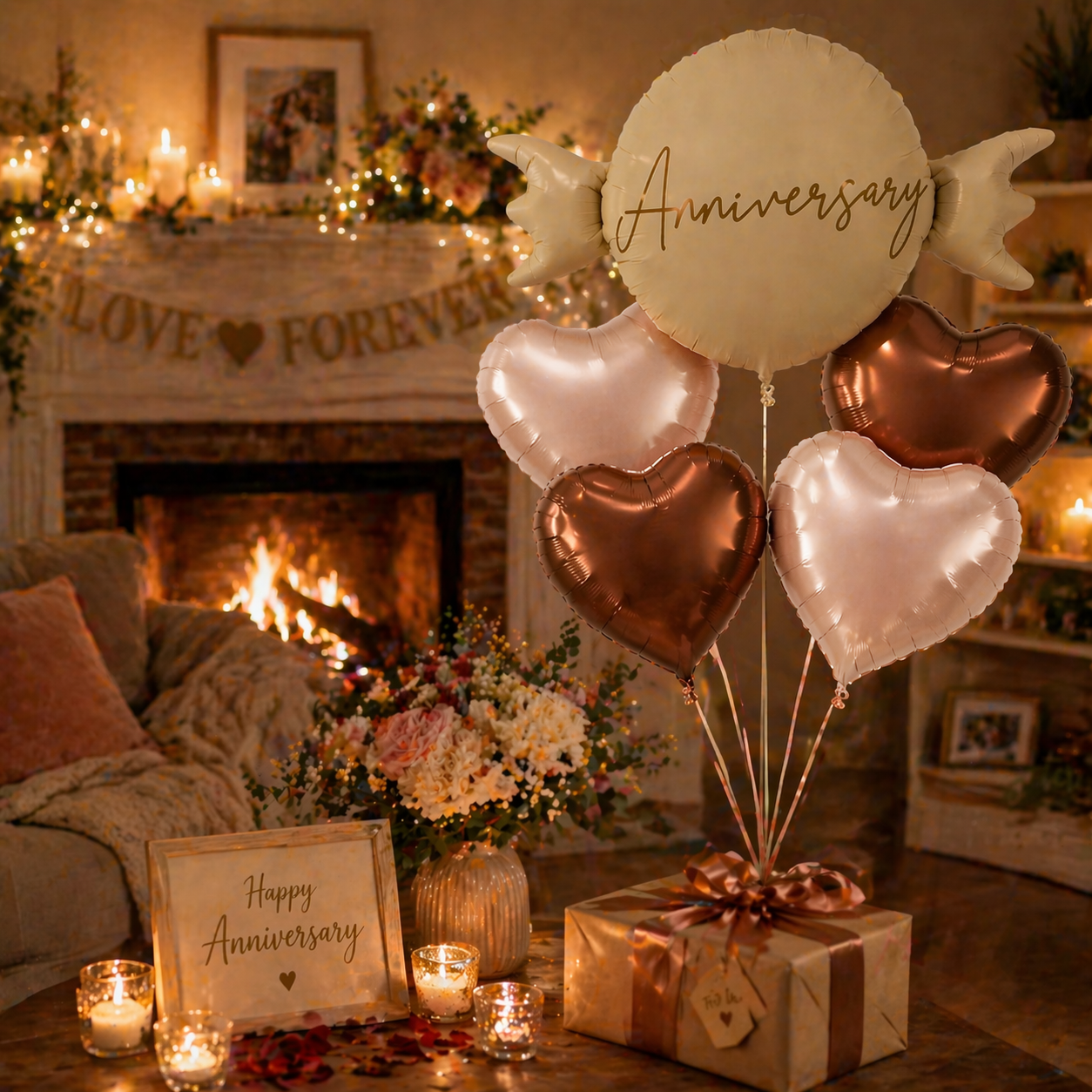 Happy Anniversary Candy Shape Helium Balloon Set of 5 (Candy Balloon + 2 Copper Heart + 2 Caramel Nude Heart Balloons) | Pre-Inflated & Delivered | Anniversary Decoration