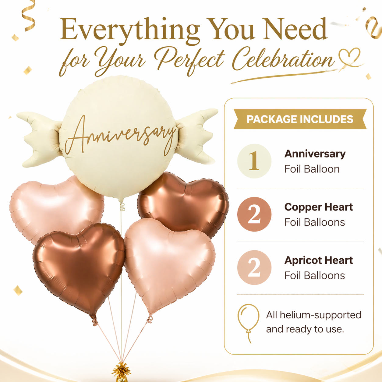 Happy Anniversary Candy Shape Foil Balloon Set of 5 for Celebration Decoration | Candy Balloon with 2 Copper Heart Balloons & 2 Caramel Nude Heart Balloons