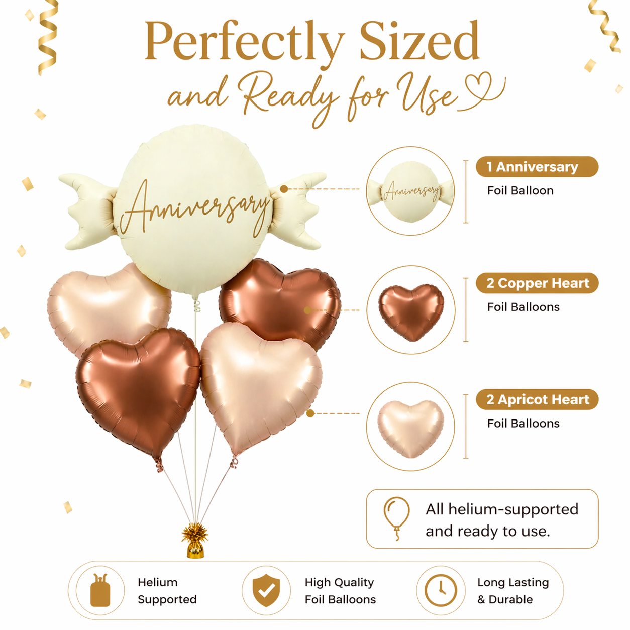 Happy Anniversary Candy Shape Foil Balloon Set of 5 for Celebration Decoration | Candy Balloon with 2 Copper Heart Balloons & 2 Caramel Nude Heart Balloons