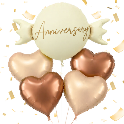 Happy Anniversary Candy Shape Helium Balloon Set of 5 (Candy Balloon + 2 Copper Heart + 2 Caramel Nude Heart Balloons) | Pre-Inflated & Delivered | Anniversary Decoration