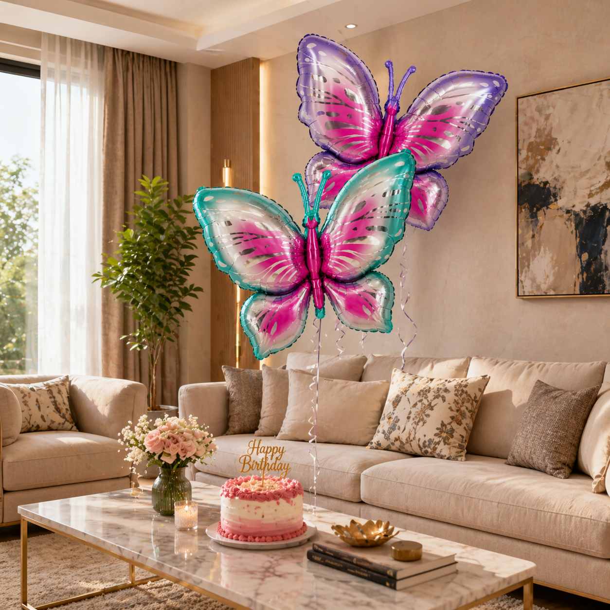 Big Size Butterfly Foil Balloons Set of 2 (Blue & Purple) | Helium Filled & Delivered Inflated | Birthday Decoration Balloons
