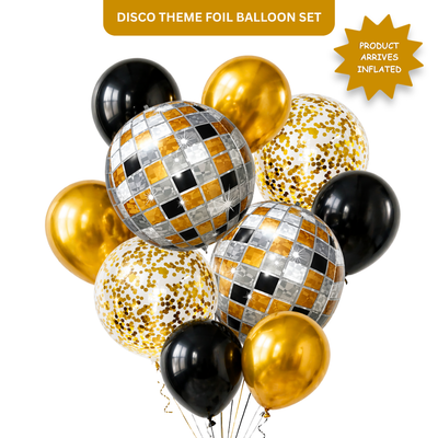 4D Golden and Black Disco Theme Helium Balloon Set of 10 (2 Disco Foil + 3 Gold + 3 Black + 2 Gold Confetti Balloons) | Pre-Inflated & Delivered | Party Decoration