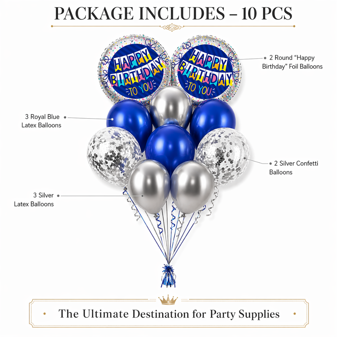 Happy Birthday Helium Balloon Set of 10 (2 Blue Bunting Flag Foil + 3 Dark Blue + 3 Silver + 2 Silver Confetti Balloons) | Pre-Inflated & Delivered | Birthday Decoration