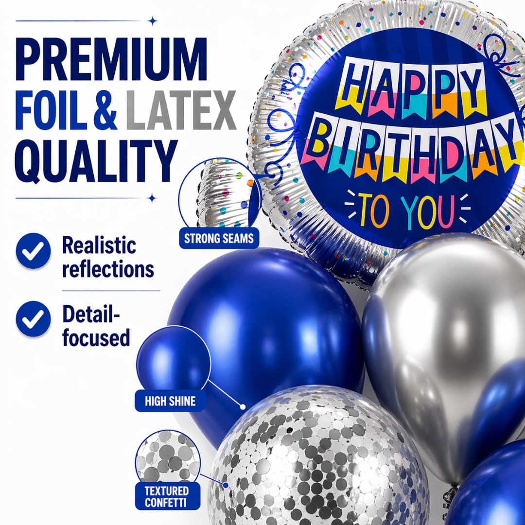 Happy Birthday Helium Balloon Set of 10 (2 Blue Bunting Flag Foil + 3 Dark Blue + 3 Silver + 2 Silver Confetti Balloons) | Pre-Inflated & Delivered | Birthday Decoration