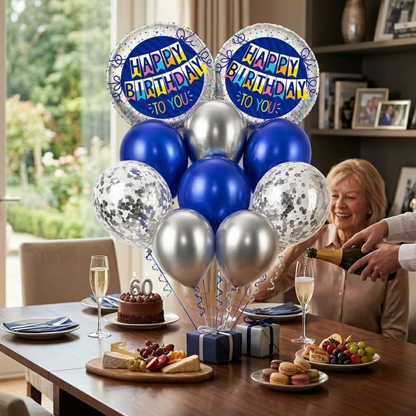 Happy Birthday Foil Balloon Set of 10 for Decoration | 2 Blue Round Bunting Flag Foil Balloons + 3 Dark Blue Balloons + 3 Silver Balloons + 2 Silver Confetti Balloons
