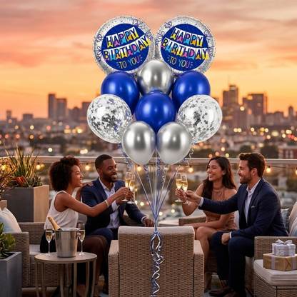 Happy Birthday Foil Balloon Set of 10 for Decoration | 2 Blue Round Bunting Flag Foil Balloons + 3 Dark Blue Balloons + 3 Silver Balloons + 2 Silver Confetti Balloons