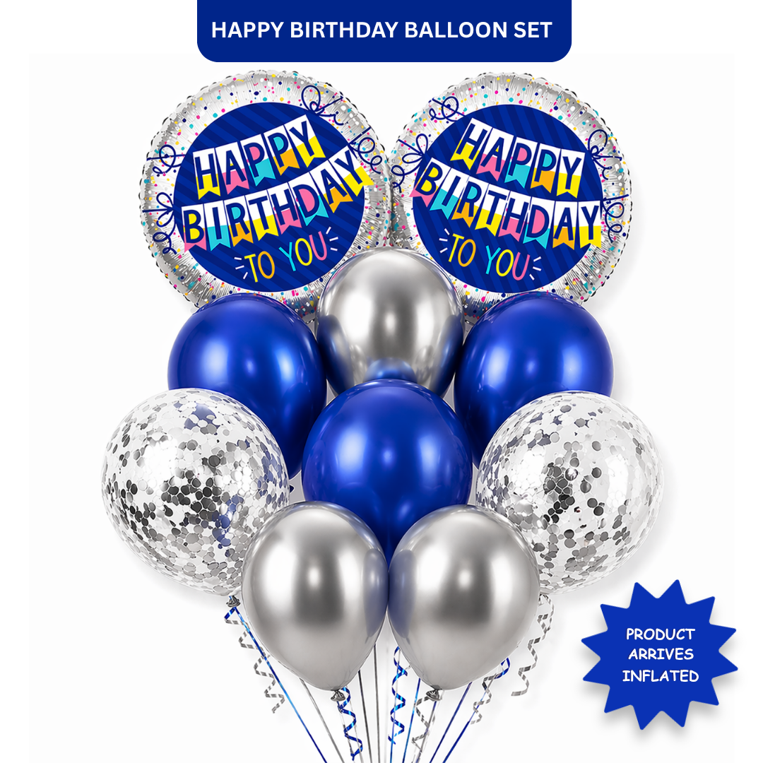 Happy Birthday Helium Balloon Set of 10 (2 Blue Bunting Flag Foil + 3 Dark Blue + 3 Silver + 2 Silver Confetti Balloons) | Pre-Inflated & Delivered | Birthday Decoration