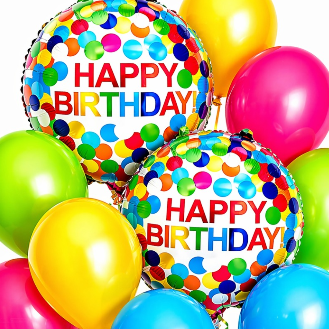 Colorful Polka Dots Happy Birthday Helium Balloon Set of 10 (2 Round Foil + Hot Pink, Blue, Green & Yellow Balloons) | Pre-Inflated & Delivered | Birthday Decoration