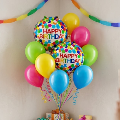 Colorful Polka Dots Happy Birthday Helium Balloon Set of 10 (2 Round Foil + Hot Pink, Blue, Green & Yellow Balloons) | Pre-Inflated & Delivered | Birthday Decoration