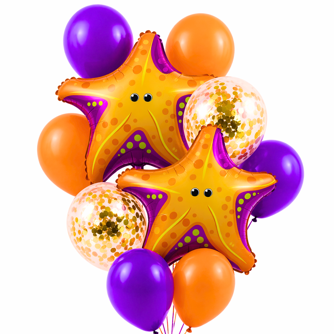 Starfish Underwater Helium Balloon Set of 10 (2 Starfish Foil + 3 Purple + 3 Yellow + 2 Gold Confetti Balloons) | Pre-Inflated & Delivered | Ocean Theme Birthday Decoration
