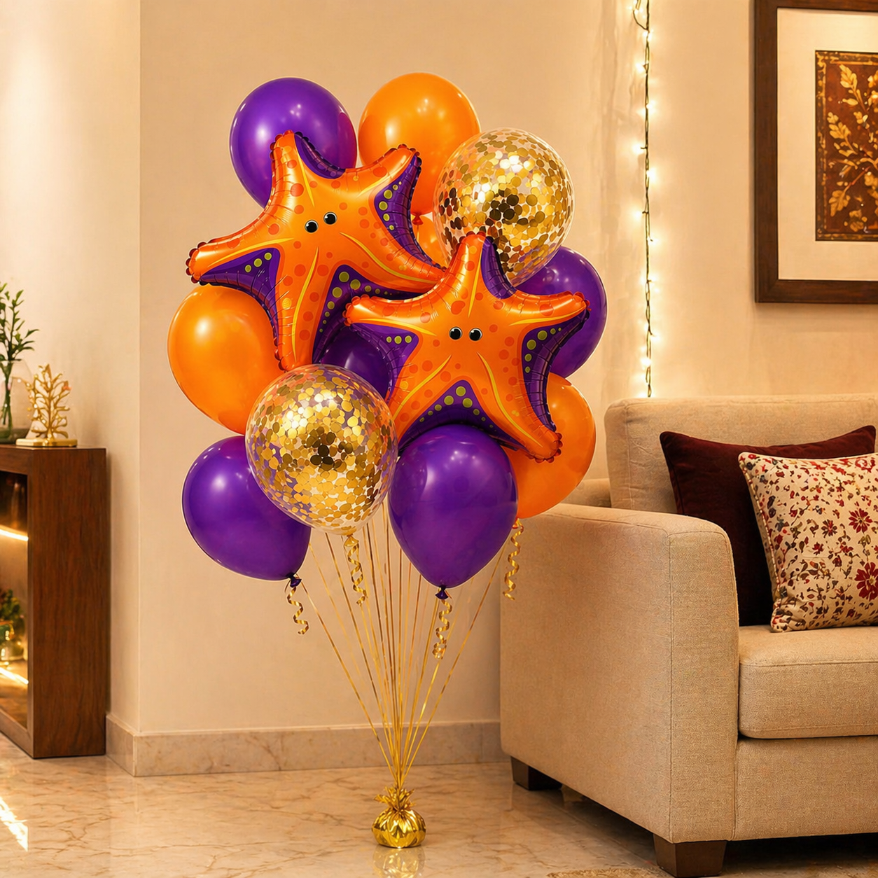 Starfish Underwater Helium Balloon Set of 10 (2 Starfish Foil + 3 Purple + 3 Yellow + 2 Gold Confetti Balloons) | Pre-Inflated & Delivered | Ocean Theme Birthday Decoration