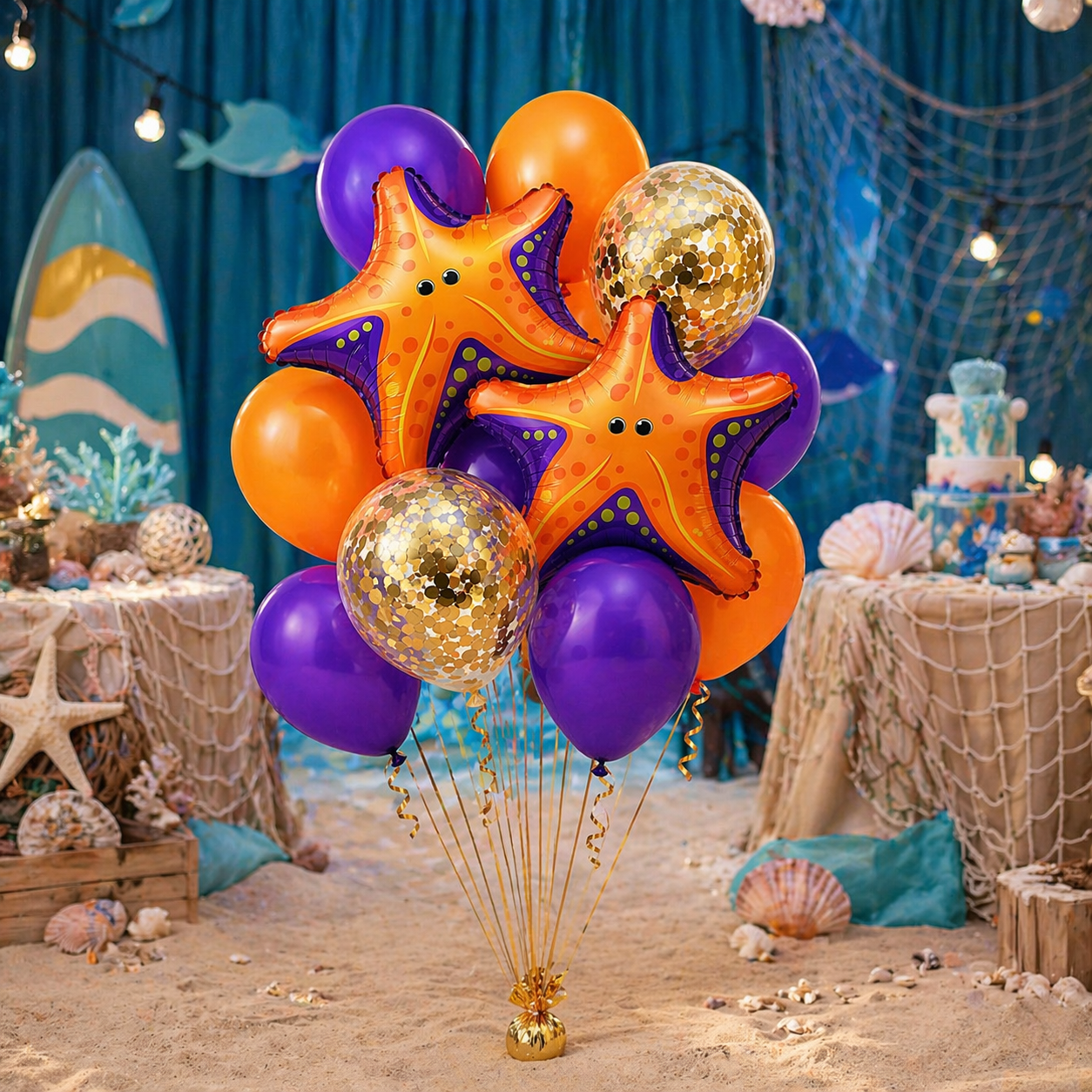 Starfish Underwater Helium Balloon Set of 10 (2 Starfish Foil + 3 Purple + 3 Yellow + 2 Gold Confetti Balloons) | Pre-Inflated & Delivered | Ocean Theme Birthday Decoration