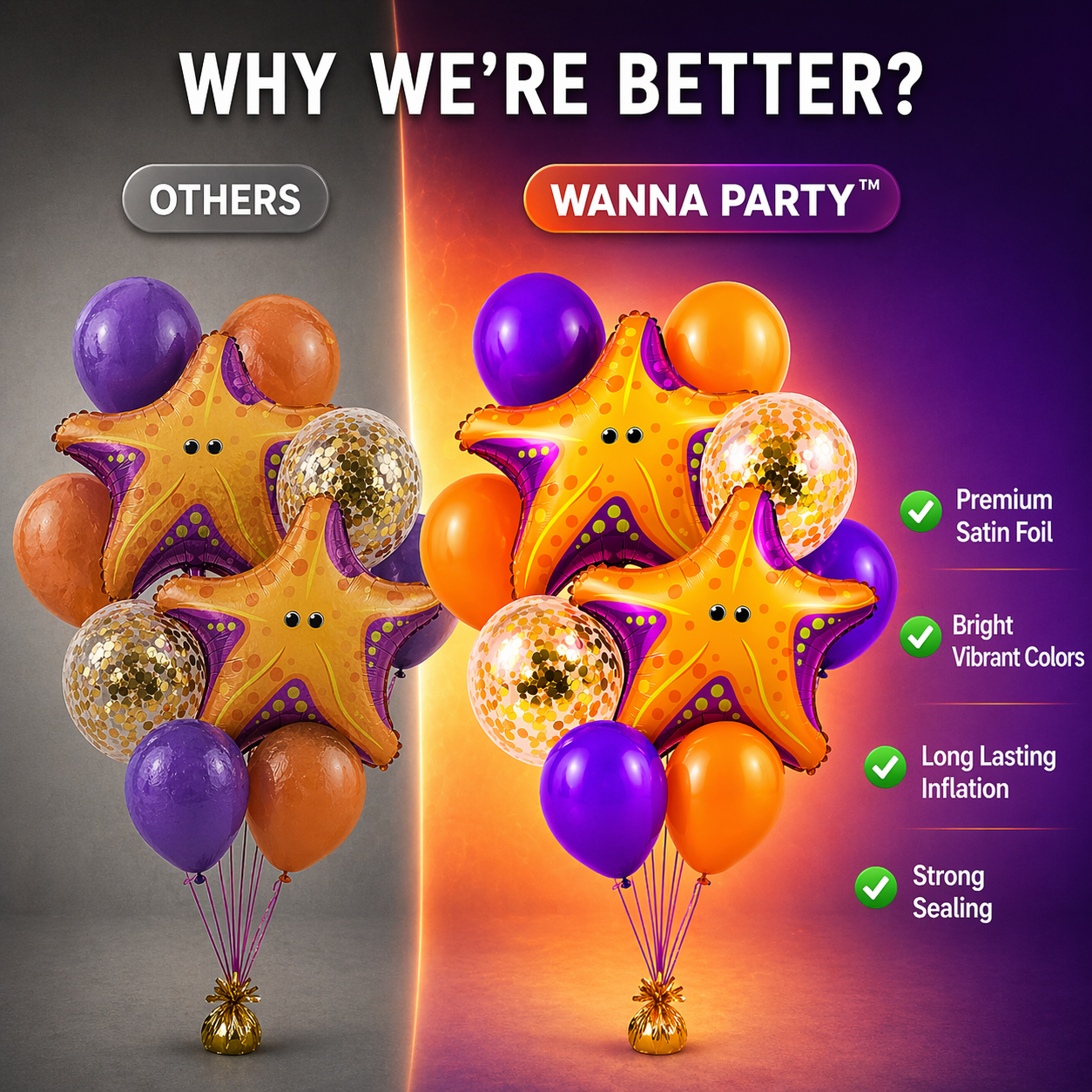 Starfish Underwater Helium Balloon Set of 10 (2 Starfish Foil + 3 Purple + 3 Yellow + 2 Gold Confetti Balloons) | Pre-Inflated & Delivered | Ocean Theme Birthday Decoration