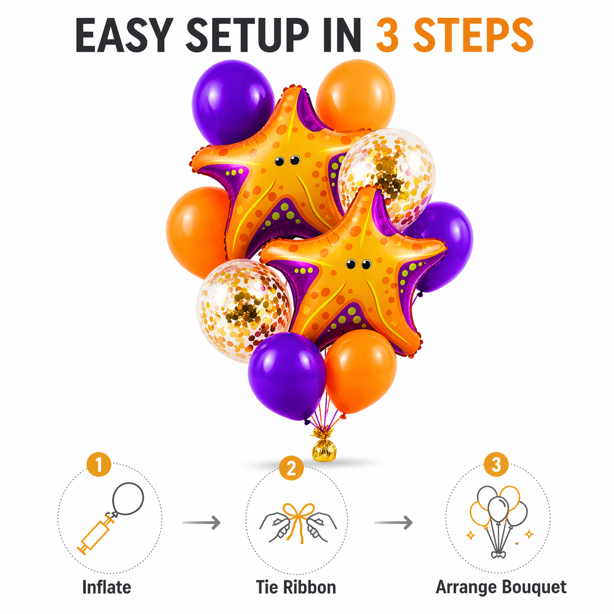 Starfish Underwater Helium Balloon Set of 10 (2 Starfish Foil + 3 Purple + 3 Yellow + 2 Gold Confetti Balloons) | Pre-Inflated & Delivered | Ocean Theme Birthday Decoration