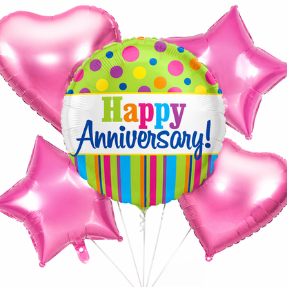 Happy Anniversary Foil Balloon Set of 5 for Decoration | 1 Round Anniversary Balloon (18 Inch) + 2 Pink Heart Balloons + 2 Purple Star Balloons