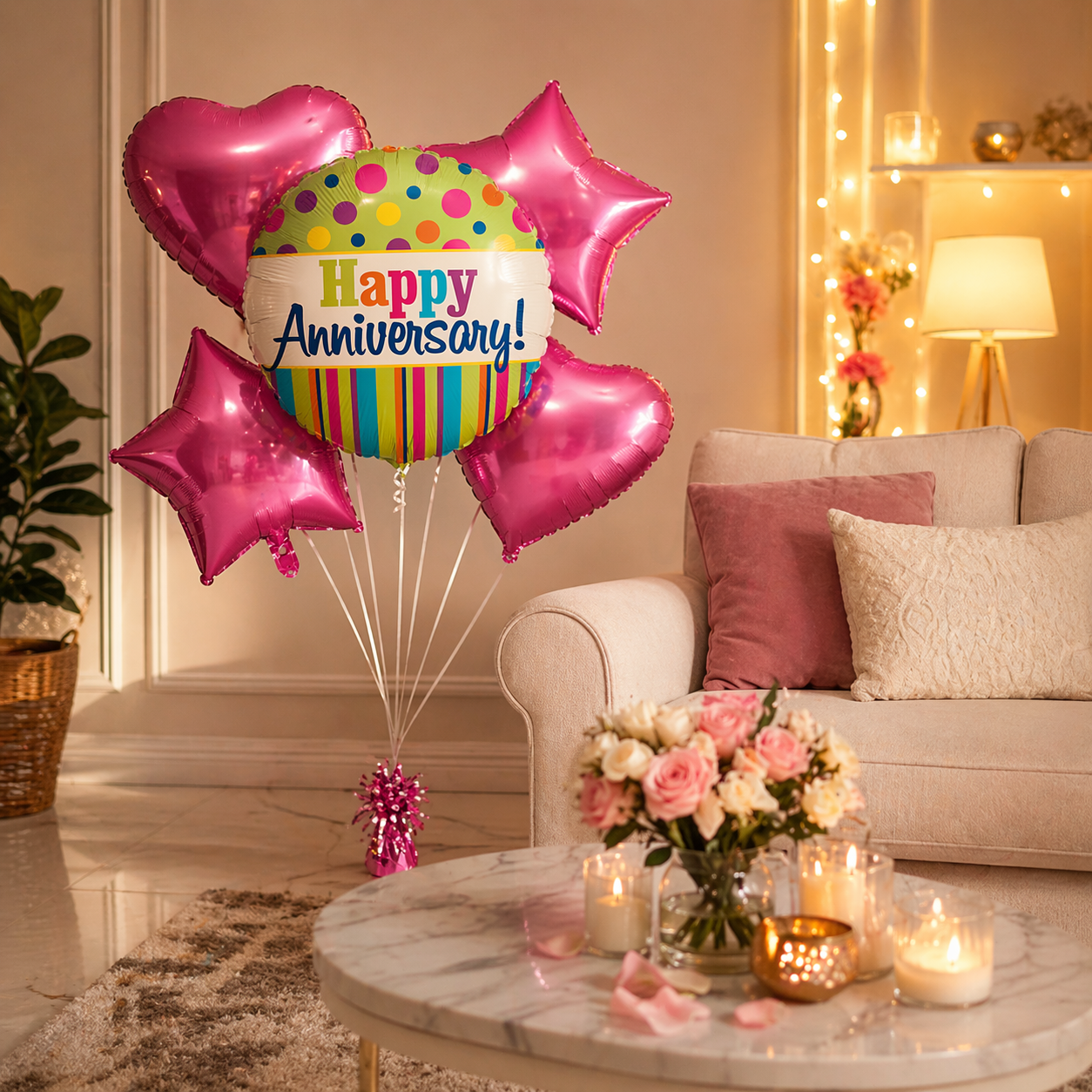 Happy Anniversary Foil Balloon Set of 5 for Decoration | 1 Round Anniversary Balloon (18 Inch) + 2 Pink Heart Balloons + 2 Purple Star Balloons
