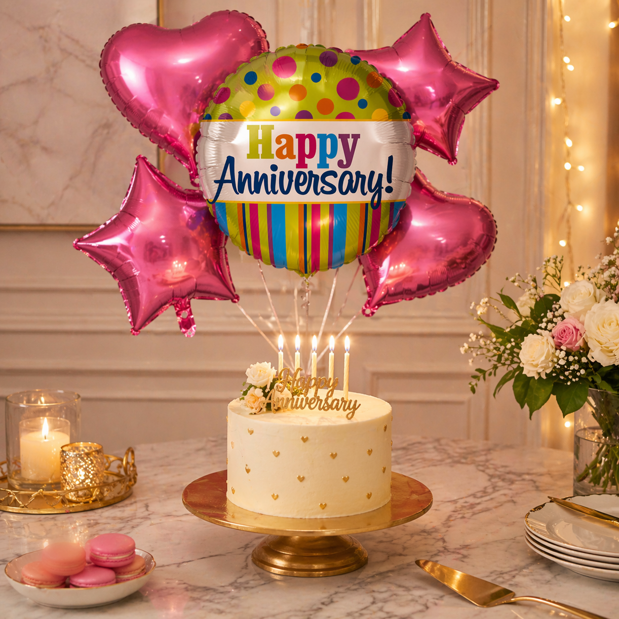 Happy Anniversary Foil Balloon Set of 5 for Decoration | 1 Round Anniversary Balloon (18 Inch) + 2 Pink Heart Balloons + 2 Purple Star Balloons