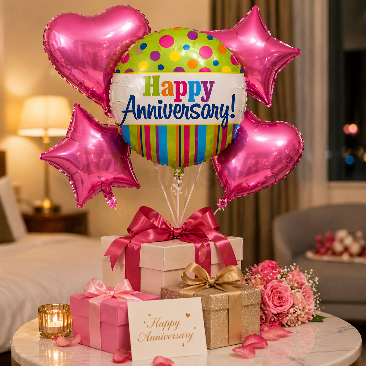 Happy Anniversary Foil Balloon Set of 5 for Decoration | 1 Round Anniversary Balloon (18 Inch) + 2 Pink Heart Balloons + 2 Purple Star Balloons