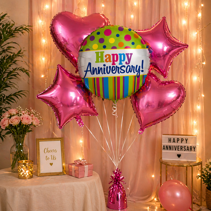 Happy Anniversary Foil Balloon Set of 5 for Decoration | 1 Round Anniversary Balloon (18 Inch) + 2 Pink Heart Balloons + 2 Purple Star Balloons