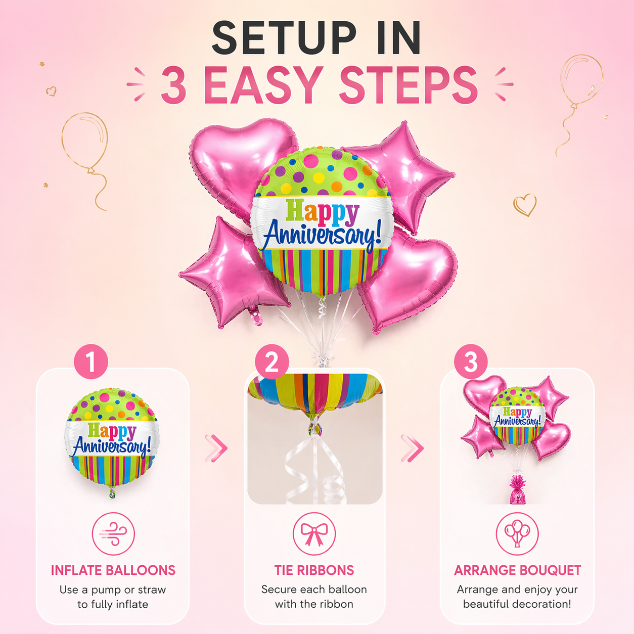 Happy Anniversary Foil Balloon Set of 5 for Decoration | 1 Round Anniversary Balloon (18 Inch) + 2 Pink Heart Balloons + 2 Purple Star Balloons
