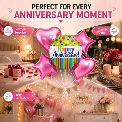 Happy Anniversary Foil Balloon Set of 5 for Decoration | 1 Round Anniversary Balloon (18 Inch) + 2 Pink Heart Balloons + 2 Purple Star Balloons
