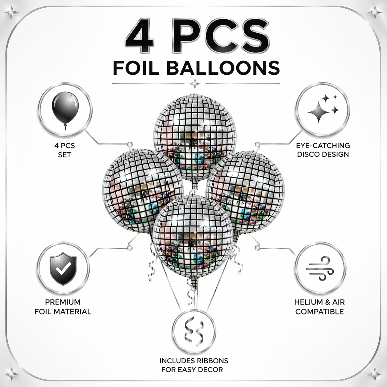 Disco Ball Silver Foil Balloon Set of 4 for Celebration Decoration | Mirror Disco Theme Balloons | Helium Supported Party Decor for Birthday, Anniversary & New Year