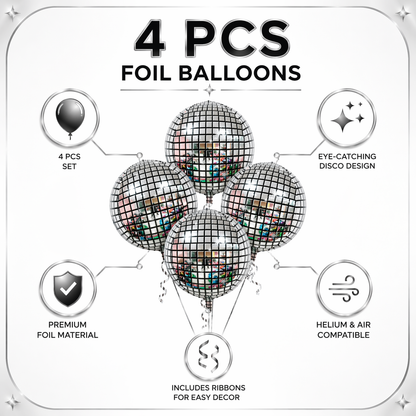 Disco Ball Silver Foil Balloon Set of 4 for Celebration Decoration | Mirror Disco Theme Balloons | Helium Supported Party Decor for Birthday, Anniversary & New Year