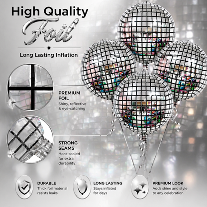 Silver Disco Ball Foil Balloons Set of 4 | Helium Filled & Delivers Inflated | Party Decoration for Birthday, Anniversary & New Year