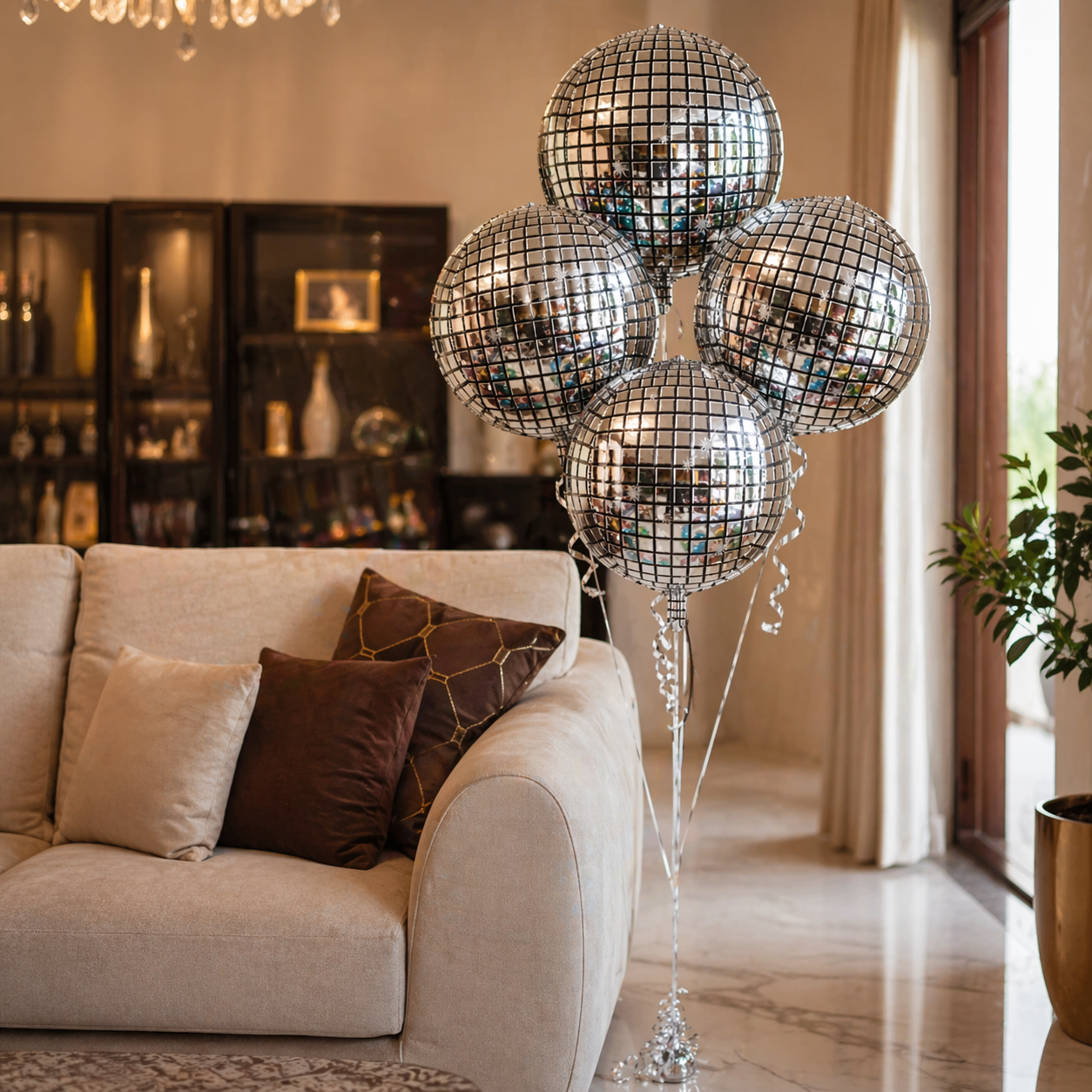 Disco Ball Silver Foil Balloon Set of 4 for Celebration Decoration | Mirror Disco Theme Balloons | Helium Supported Party Decor for Birthday, Anniversary & New Year