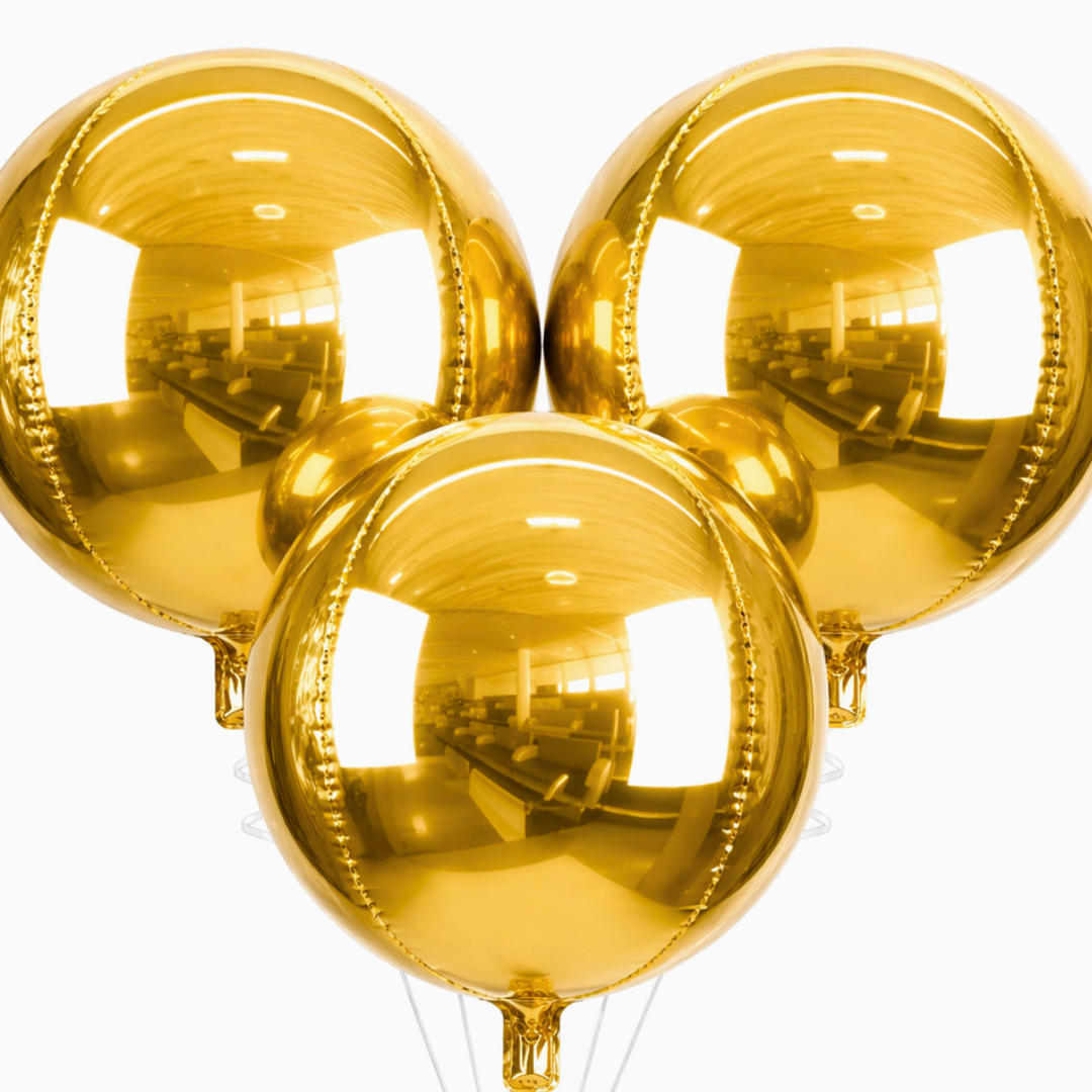 4D Gold Round Orbz Foil Balloons 22 Inch (Pack of 3) | Helium Filled & Delivered Inflated | Giant Balloons for Birthday, Anniversary & Party Decoration