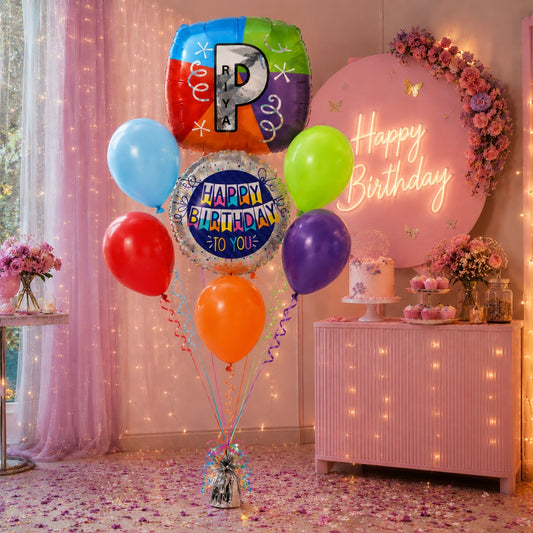 Customizable Alphabet "P" Square Shaped Balloon with Customized Name Stickers Bouquet Set of 7PC | Customizable Name Inital Balloons| Choose Your Name