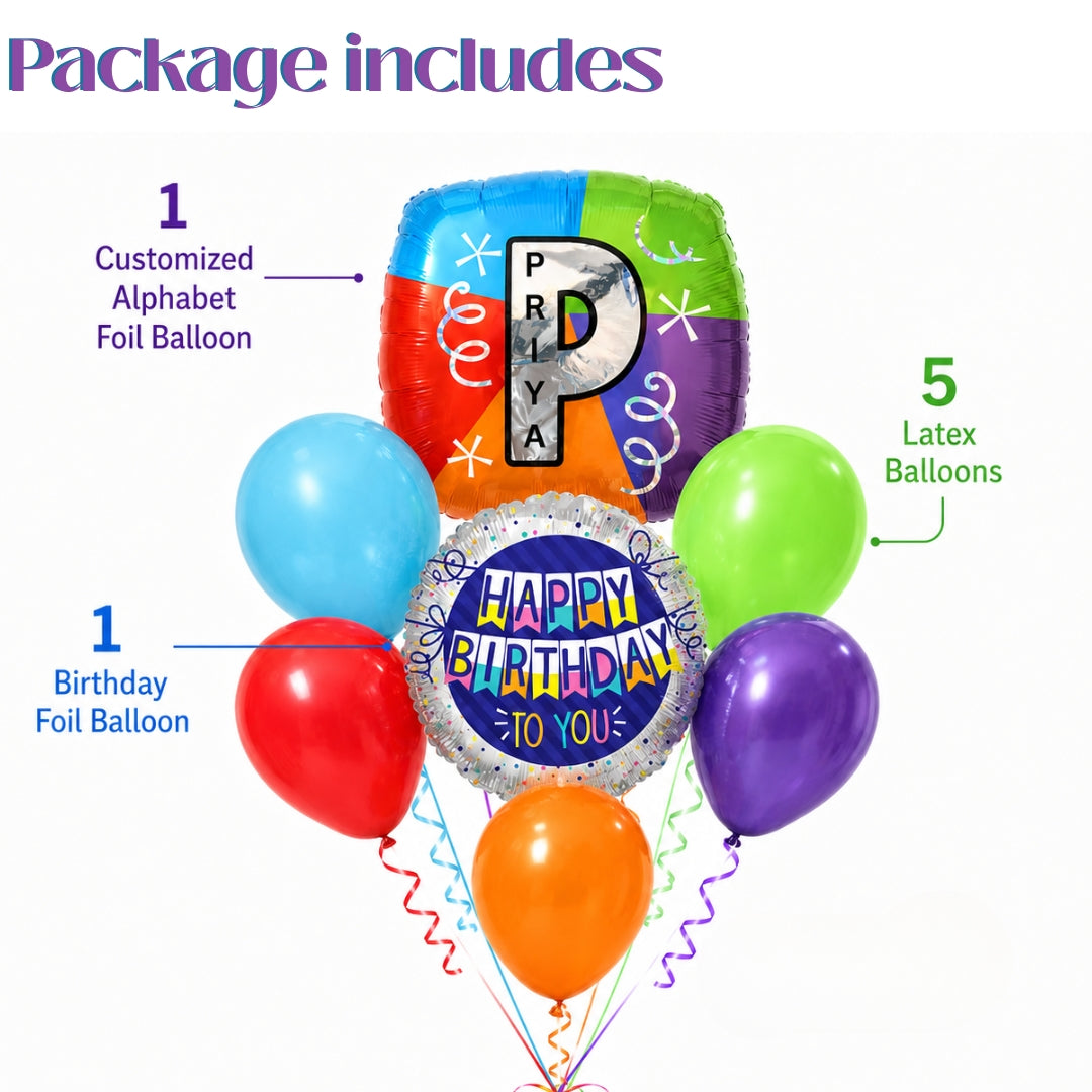 Customizable Alphabet "P" Square Shaped Balloon with Customized Name Stickers Bouquet Set of 7PC | Customizable Name Inital Balloons| Choose Your Name