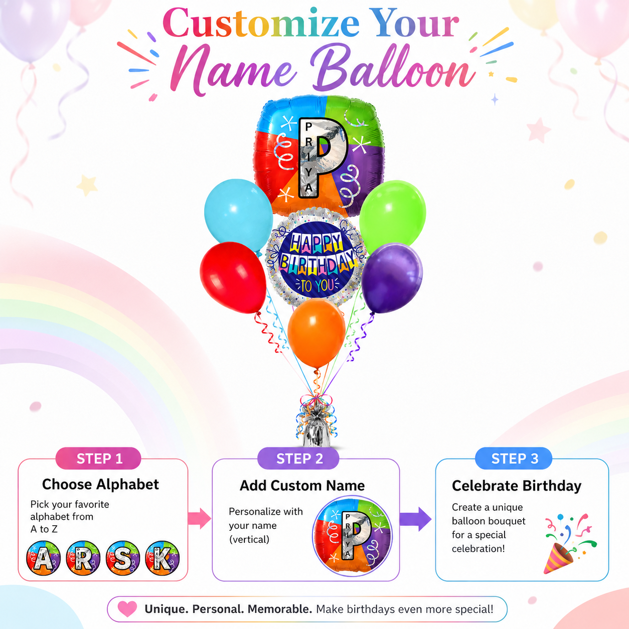 Customizable Alphabet "P" Square Shaped Balloon with Customized Name Stickers Bouquet Set of 7PC | Customizable Name Inital Balloons| Choose Your Name